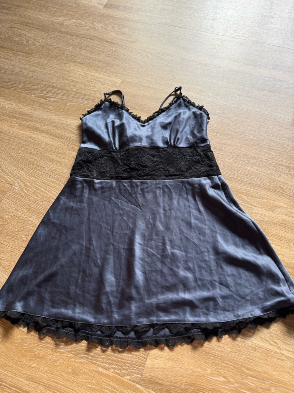 Victoria's Secret Charcoal Gray Satin & Black Lace Chemise
